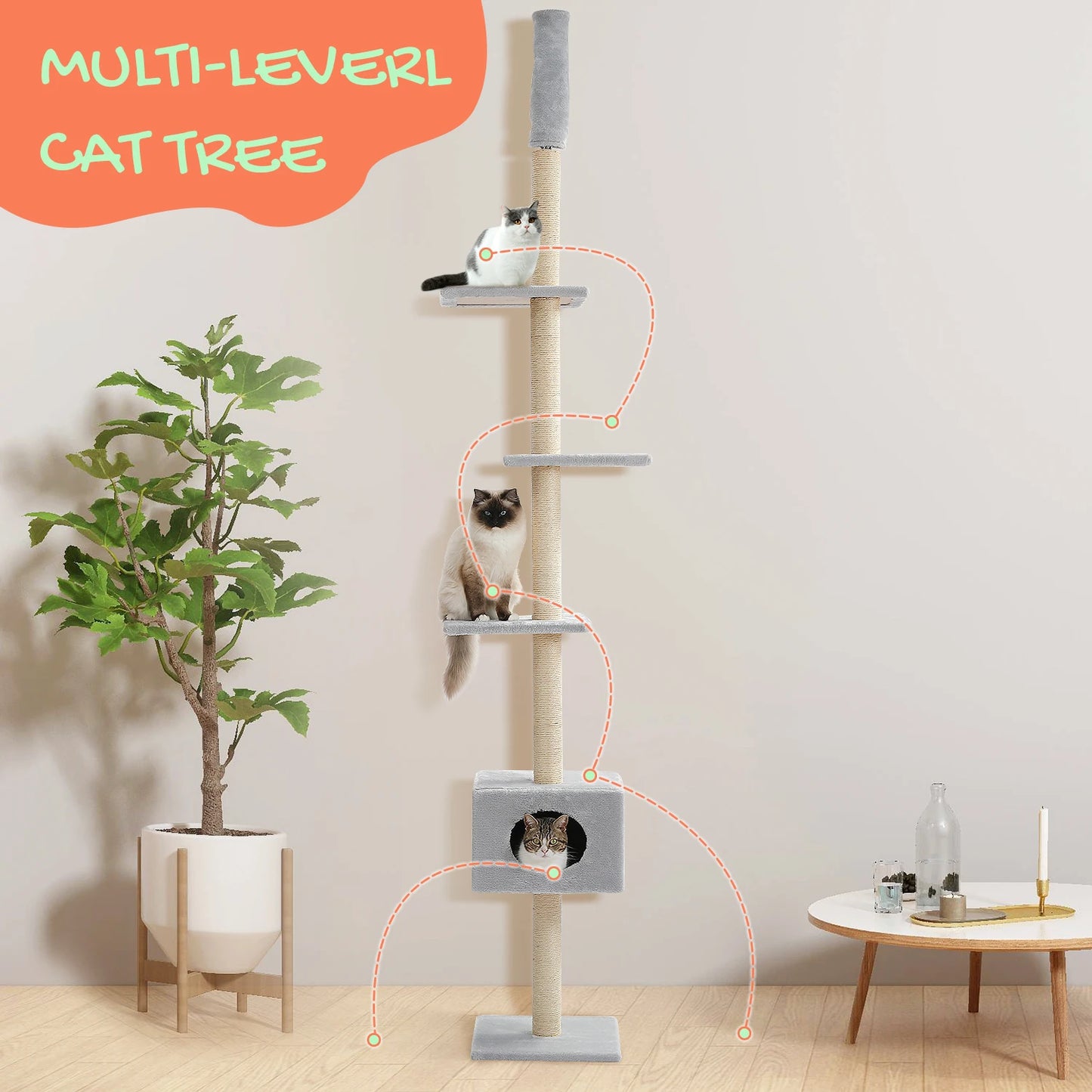 PAWZ Road Adjustable Cat Tree Condo Scratching Post, 238-274cm Floor-to-Ceiling Cat Furniture Protector