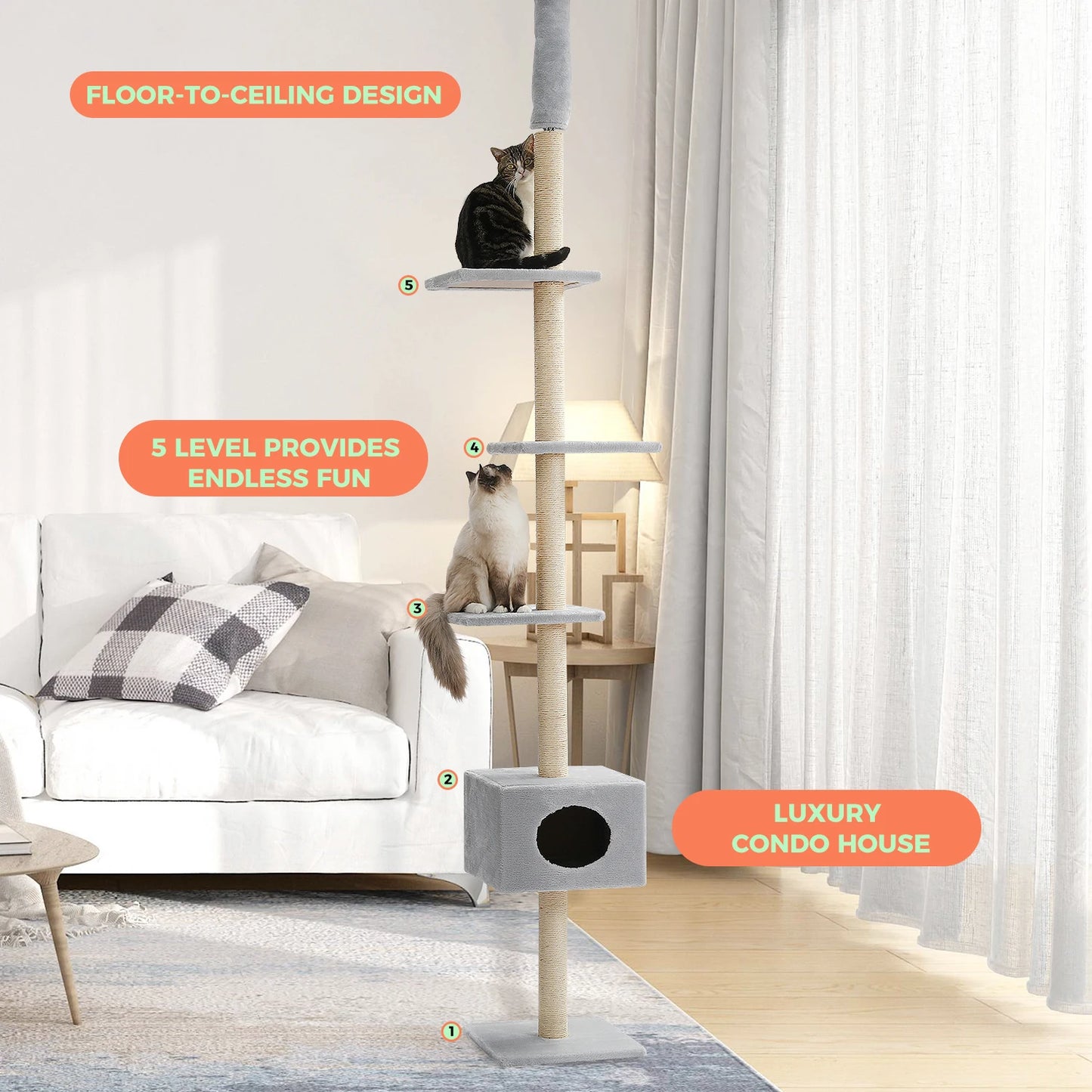 PAWZ Road Adjustable Cat Tree Condo Scratching Post, 238-274cm Floor-to-Ceiling Cat Furniture Protector