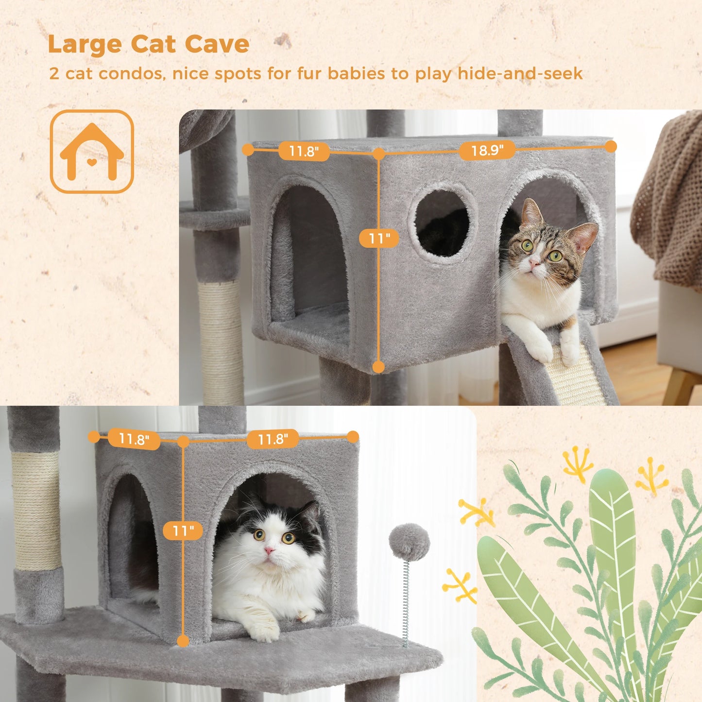 PAWZ Road Multi-Level Cat Tree House Condo Playground with Hammock for Large Cats and Kittens