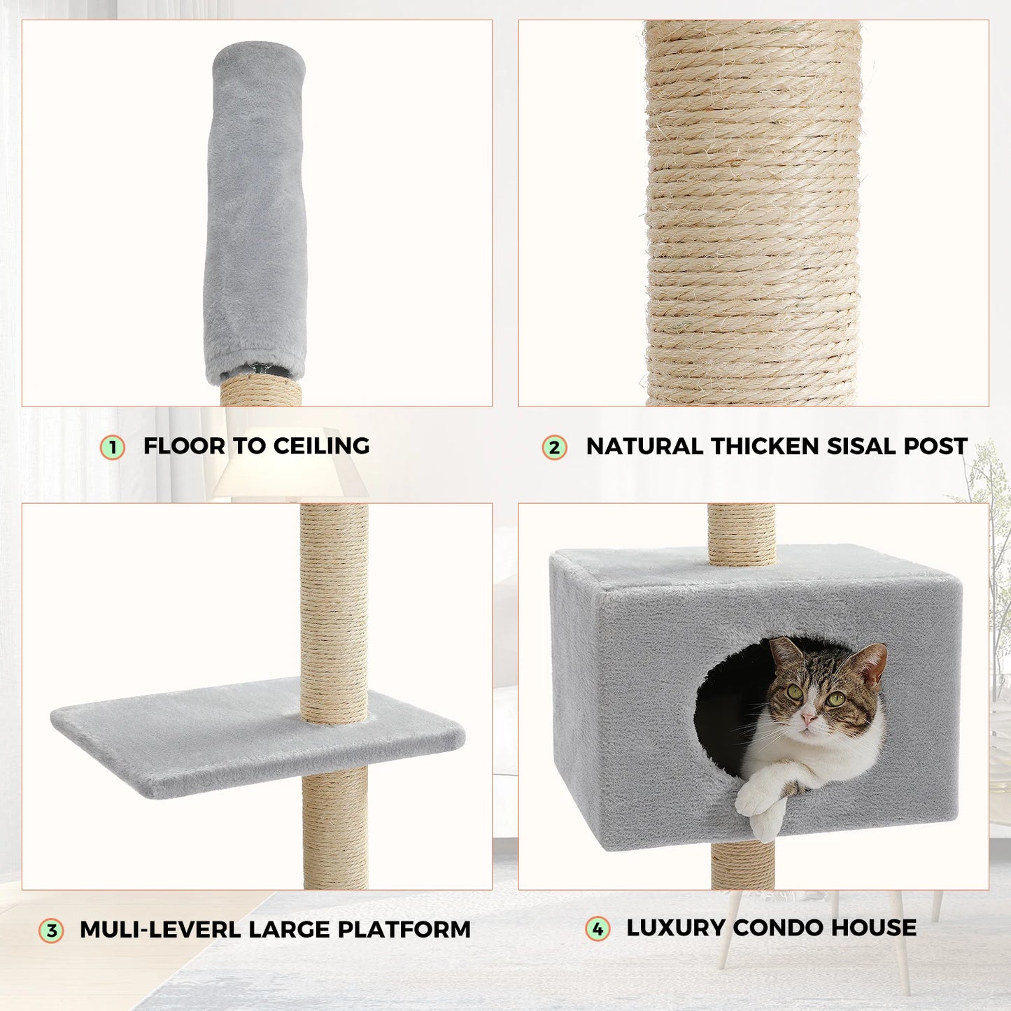 PAWZ Road Adjustable Cat Tree Condo Scratching Post, 238-274cm Floor-to-Ceiling Cat Furniture Protector