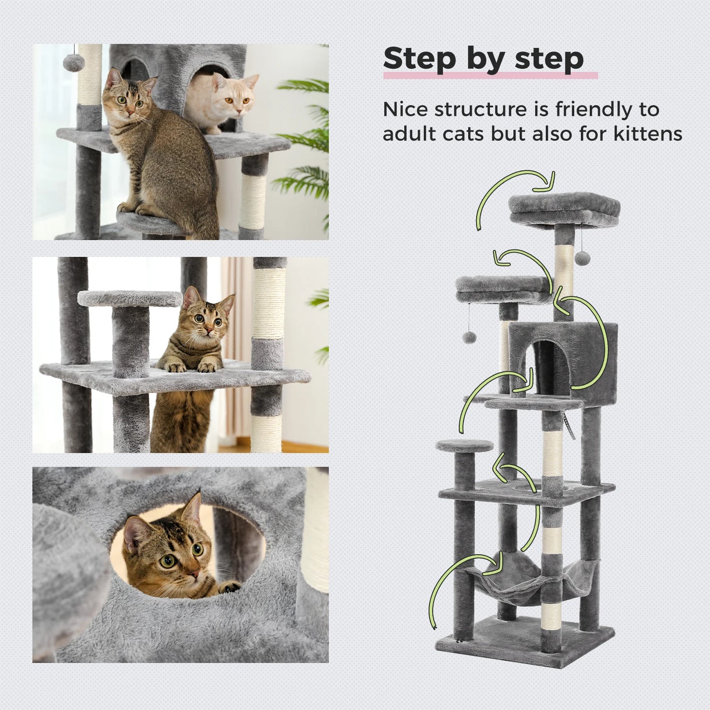 PAWZ Road Multi-Level Cat Tree House Condo Playground with Hammock for Large Cats and Kittens