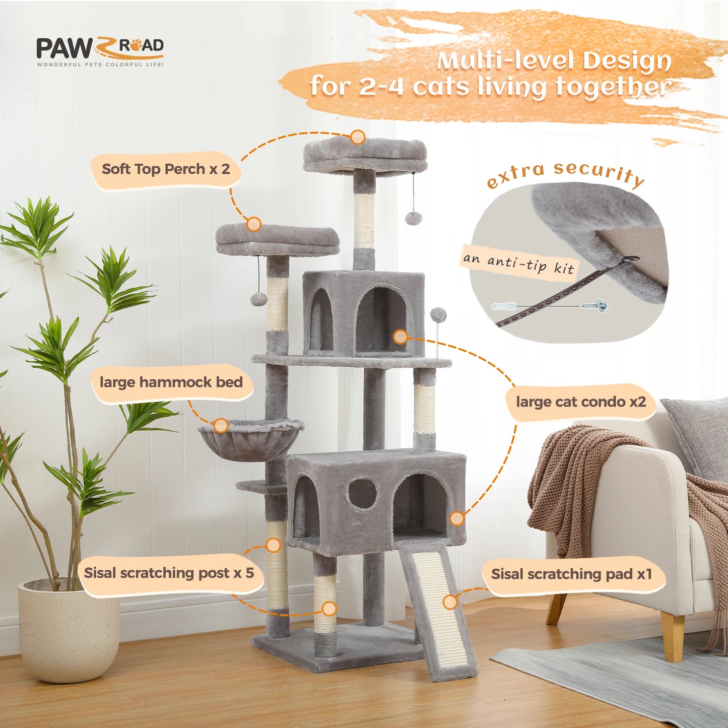 PAWZ Road Multi-Level Cat Tree House Condo Playground with Hammock for Large Cats and Kittens