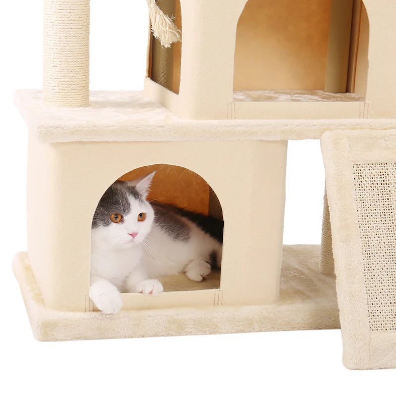 Luxury Cat Tree Tower with Double Condos, Spacious Perch, Hammock, Sisal Scratching Posts & Dangling Balls