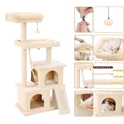 Luxury Cat Tree Tower with Double Condos, Spacious Perch, Hammock, Sisal Scratching Posts & Dangling Balls