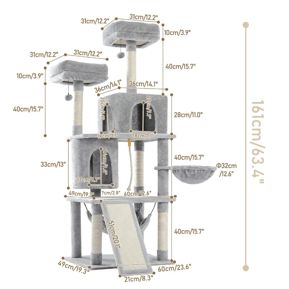 PAWZ Road Multi-Level Cat Tree House Condo Playground with Hammock for Large Cats and Kittens