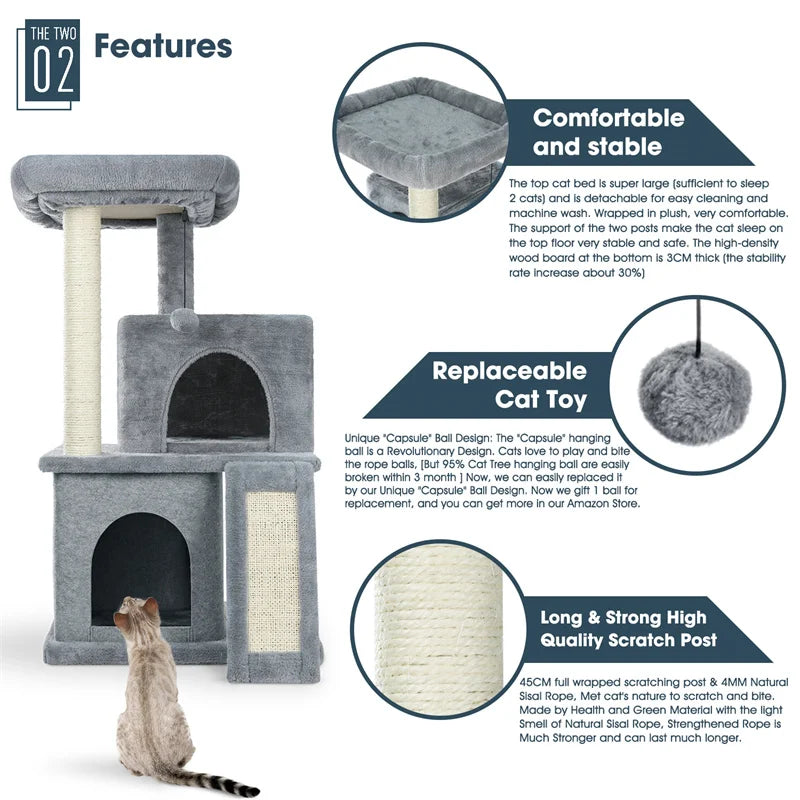 Luxury Cat Tree Tower with Double Condos, Spacious Perch, Hammock, Sisal Scratching Posts & Dangling Balls