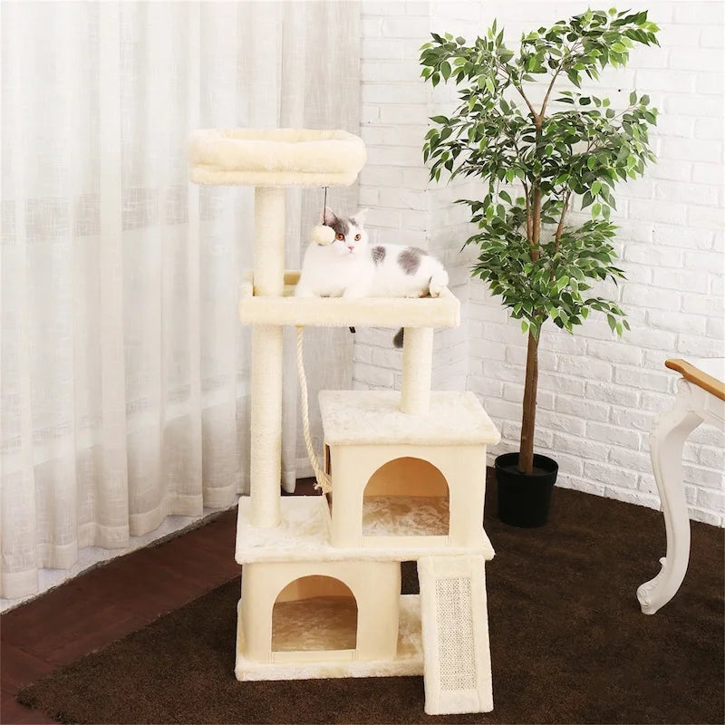 Luxury Cat Tree Tower with Double Condos, Spacious Perch, Hammock, Sisal Scratching Posts & Dangling Balls