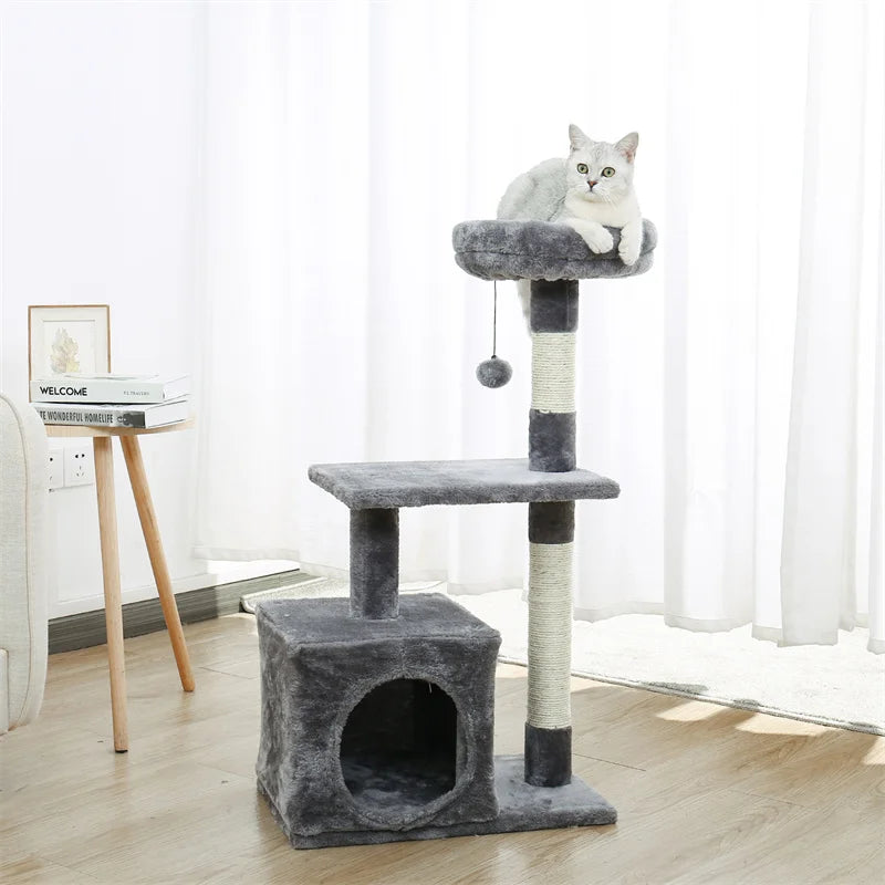 Luxury Cat Tree Tower with Double Condos, Spacious Perch, Hammock, Sisal Scratching Posts & Dangling Balls