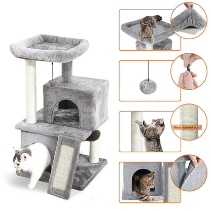 Luxury Cat Tree Tower with Double Condos, Spacious Perch, Hammock, Sisal Scratching Posts & Dangling Balls