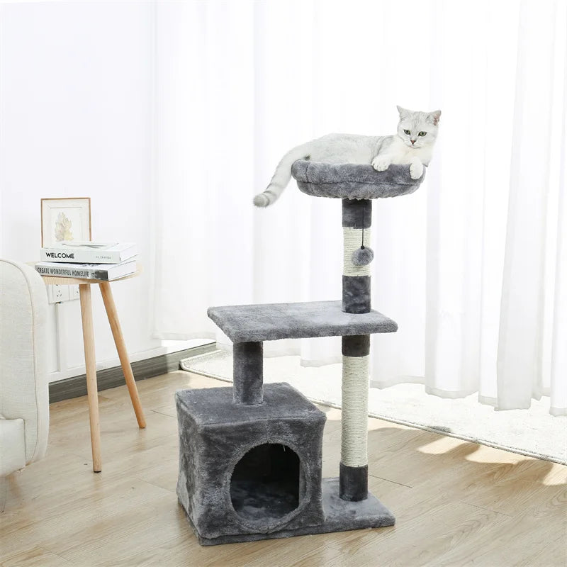 Luxury Cat Tree Tower with Double Condos, Spacious Perch, Hammock, Sisal Scratching Posts & Dangling Balls