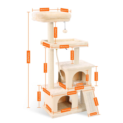 Luxury Cat Tree Tower with Double Condos, Spacious Perch, Hammock, Sisal Scratching Posts & Dangling Balls