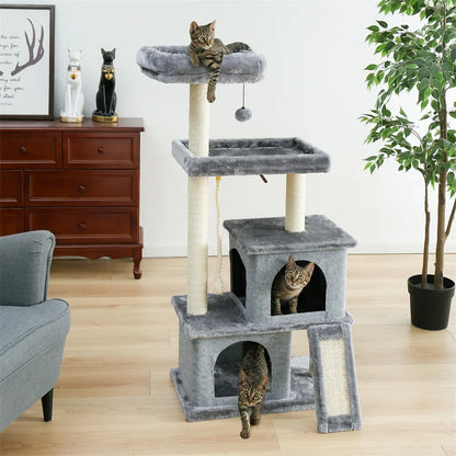 Luxury Cat Tree Tower with Double Condos, Spacious Perch, Hammock, Sisal Scratching Posts & Dangling Balls