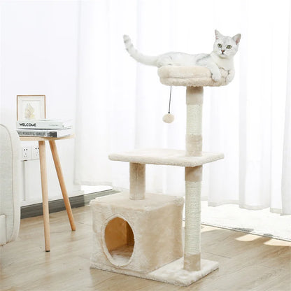 Luxury Cat Tree Tower with Double Condos, Spacious Perch, Hammock, Sisal Scratching Posts & Dangling Balls