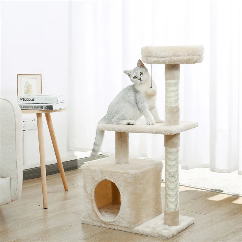 Luxury Cat Tree Tower with Double Condos, Spacious Perch, Hammock, Sisal Scratching Posts & Dangling Balls