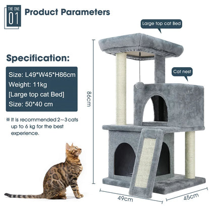 Luxury Cat Tree Tower with Double Condos, Spacious Perch, Hammock, Sisal Scratching Posts & Dangling Balls