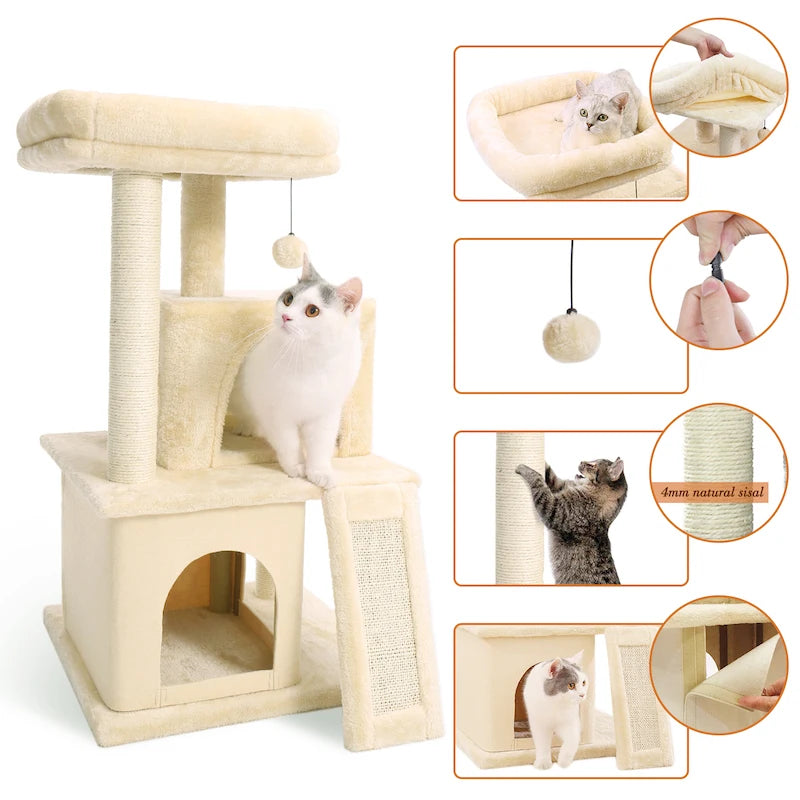 Luxury Cat Tree Tower with Double Condos, Spacious Perch, Hammock, Sisal Scratching Posts & Dangling Balls