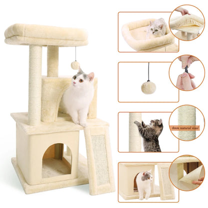 Luxury Cat Tree Tower with Double Condos, Spacious Perch, Hammock, Sisal Scratching Posts & Dangling Balls