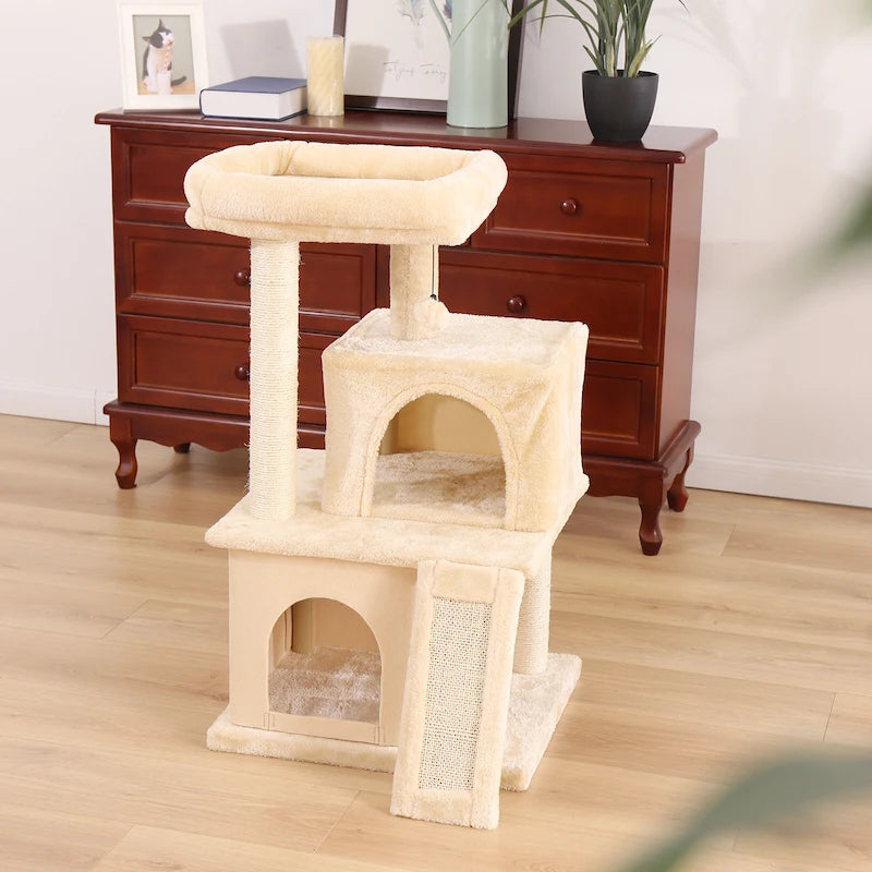 Luxury Cat Tree Tower with Double Condos, Spacious Perch, Hammock, Sisal Scratching Posts & Dangling Balls