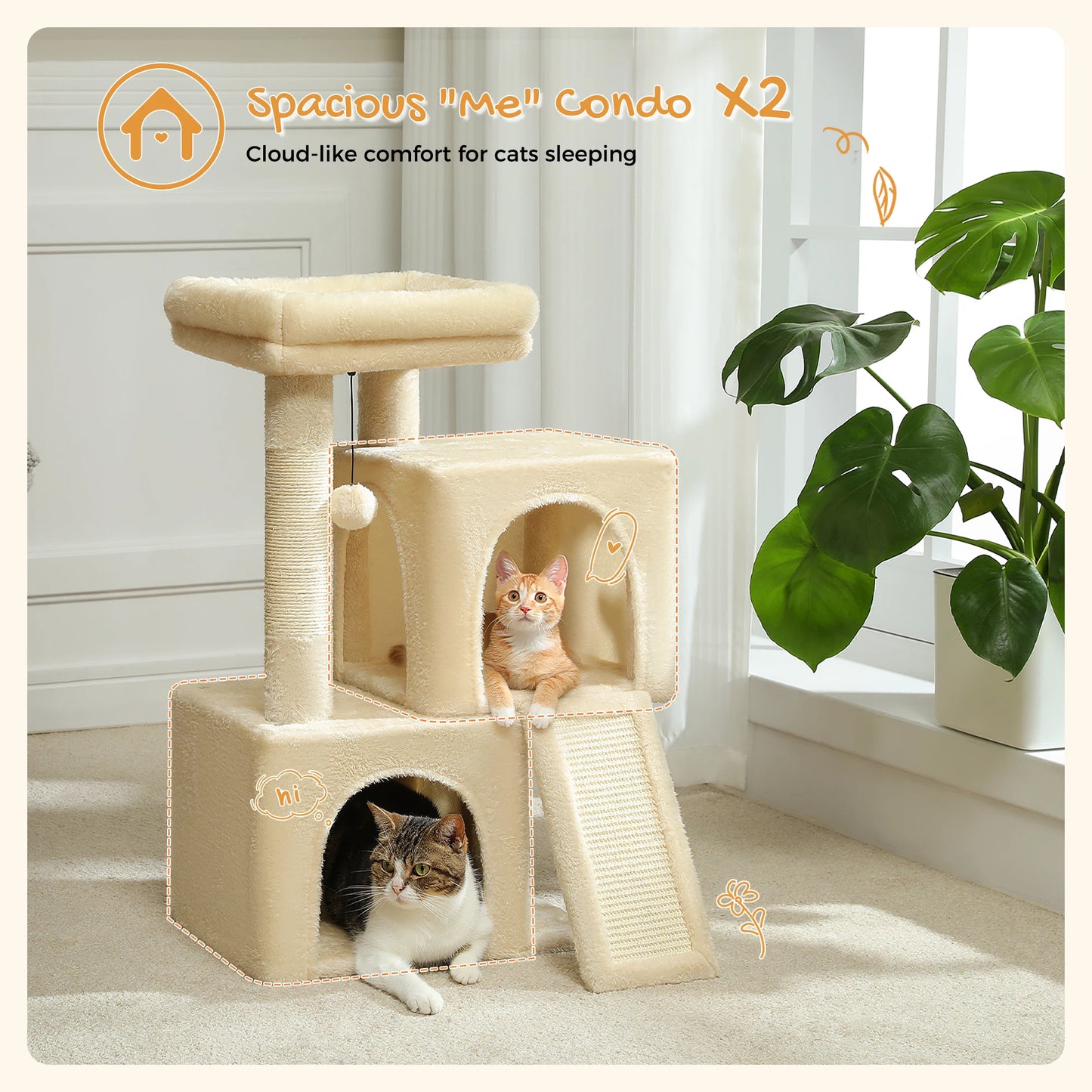 Luxury Cat Tree Tower with Double Condos, Spacious Perch, Hammock, Sisal Scratching Posts & Dangling Balls