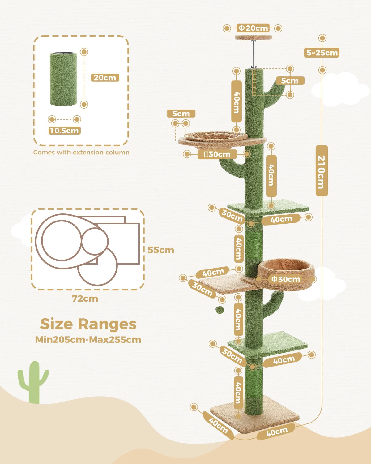 Pawz Road 5-Level Adjustable Cactus Cat Tree Tower with Natural Thicken Scratching Post and Hammock