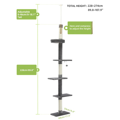 PAWZ Road Adjustable Cat Tree Condo Scratching Post, 238-274cm Floor-to-Ceiling Cat Furniture Protector