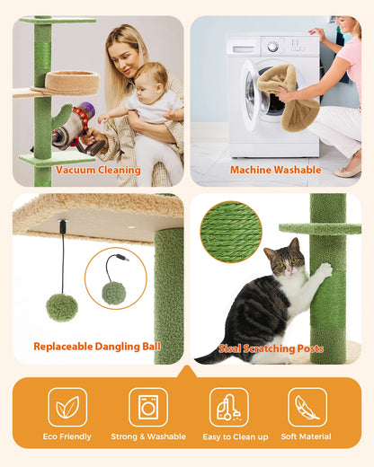 Pawz Road 5-Level Adjustable Cactus Cat Tree Tower with Natural Thicken Scratching Post and Hammock