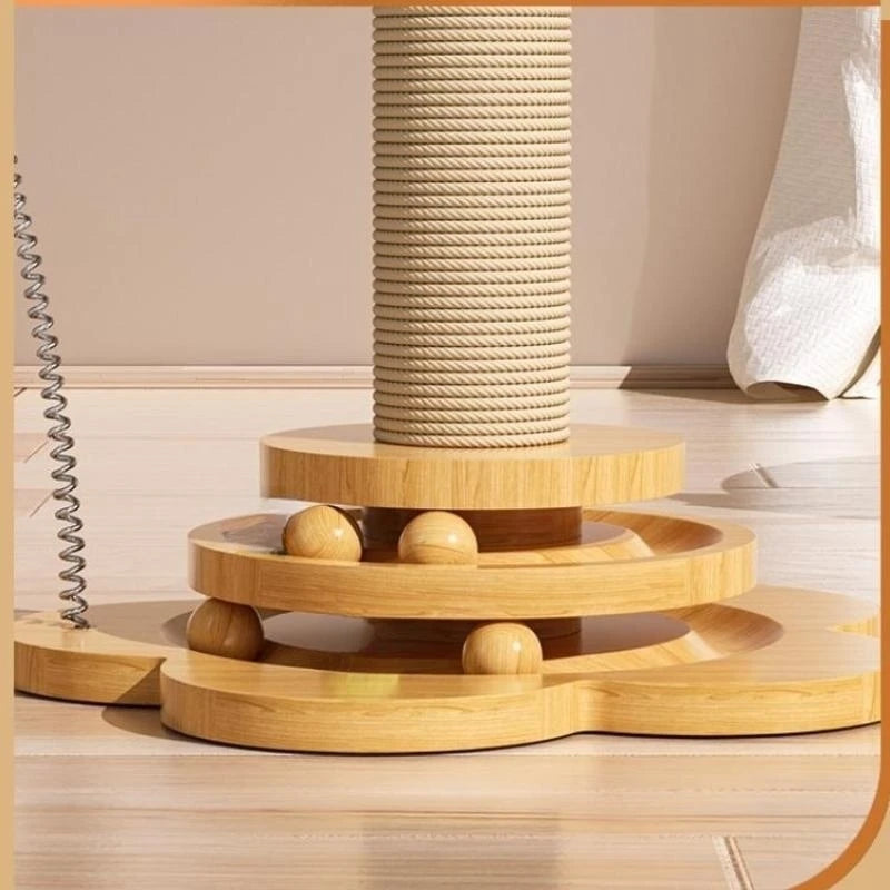 Durable Wooden Cat Scratching Post with Turntable & Teaser Ball - Fun & Interactive Cat Toy