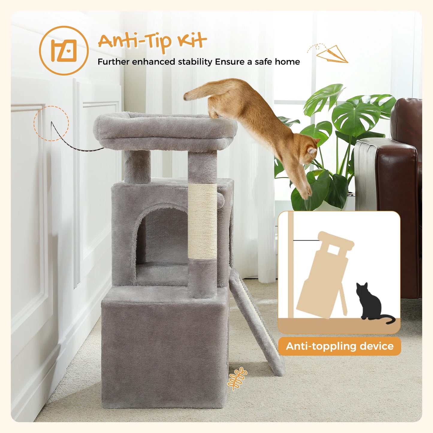 Luxury Cat Tree Tower with Double Condos, Spacious Perch, Hammock, Sisal Scratching Posts & Dangling Balls