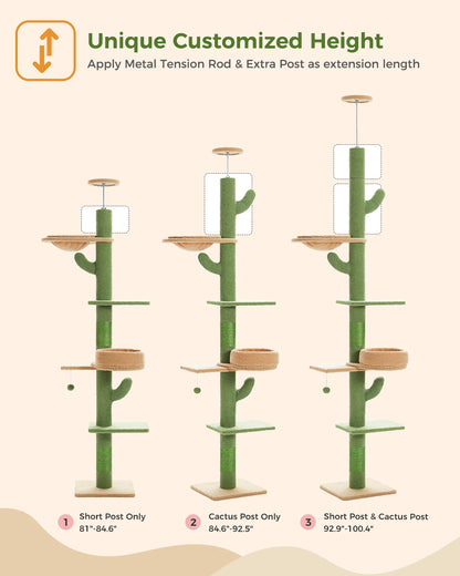 Pawz Road 5-Level Adjustable Cactus Cat Tree Tower with Natural Thicken Scratching Post and Hammock