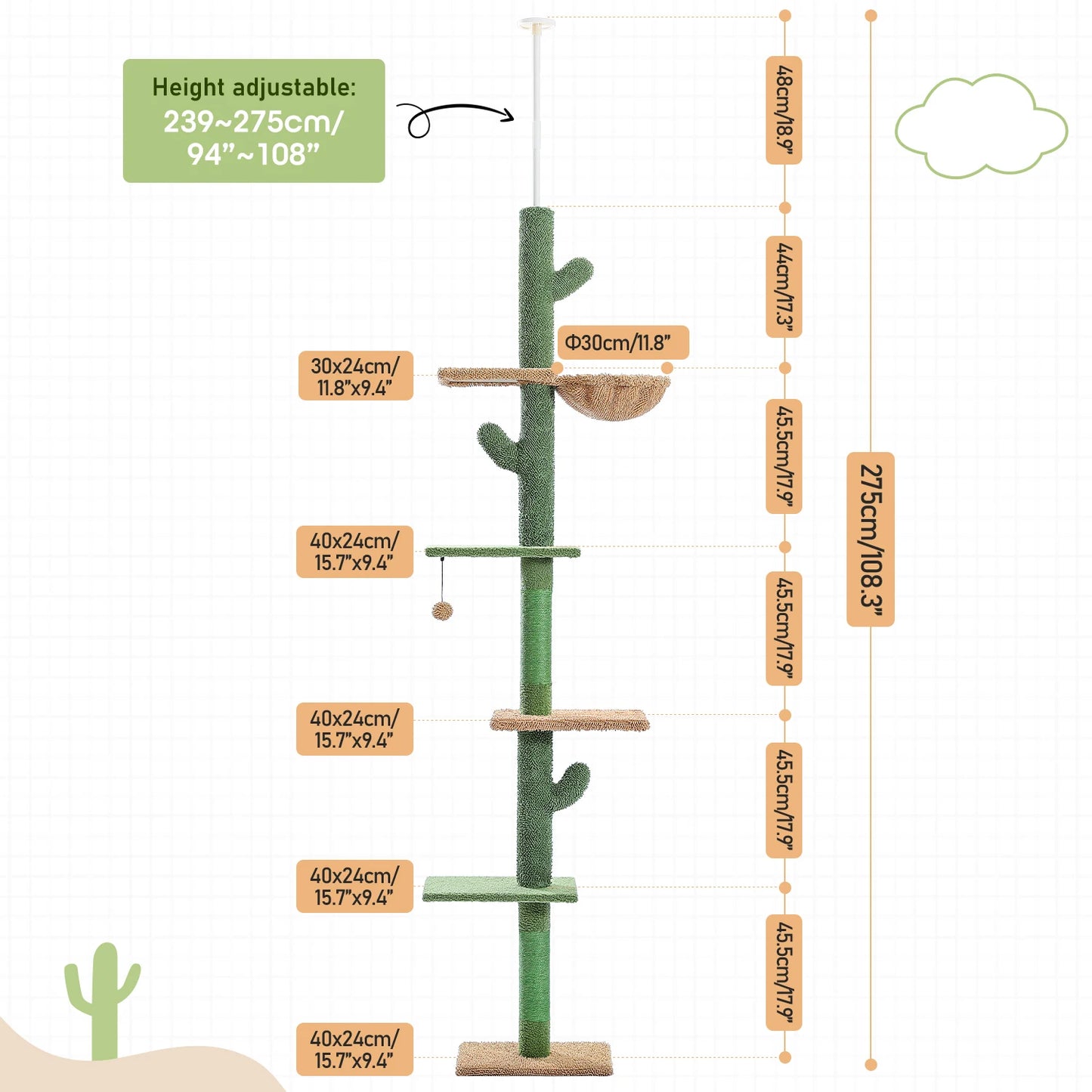 Pawz Road 5-Level Adjustable Cactus Cat Tree Tower with Natural Thicken Scratching Post and Hammock