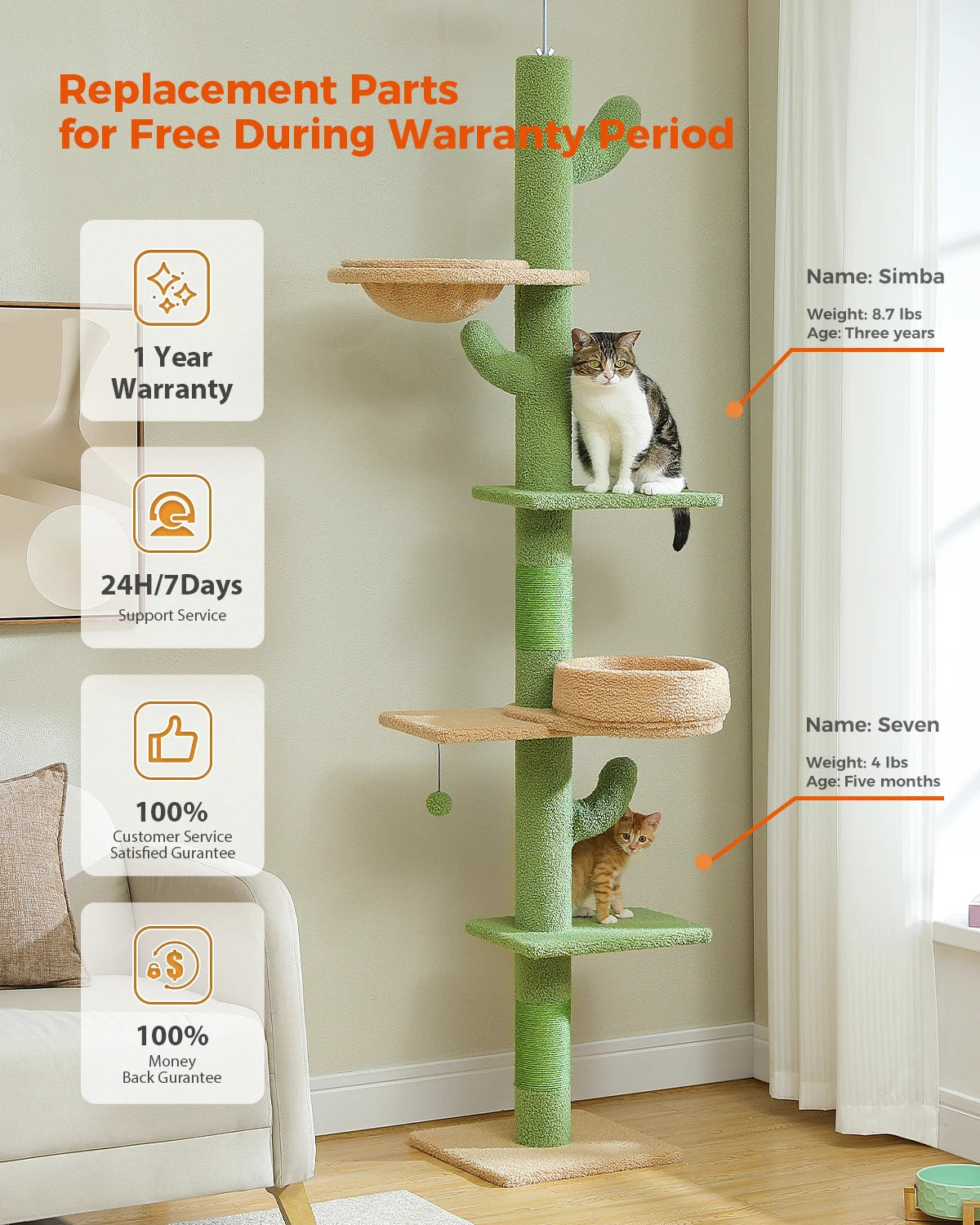 Pawz Road 5-Level Adjustable Cactus Cat Tree Tower with Natural Thicken Scratching Post and Hammock