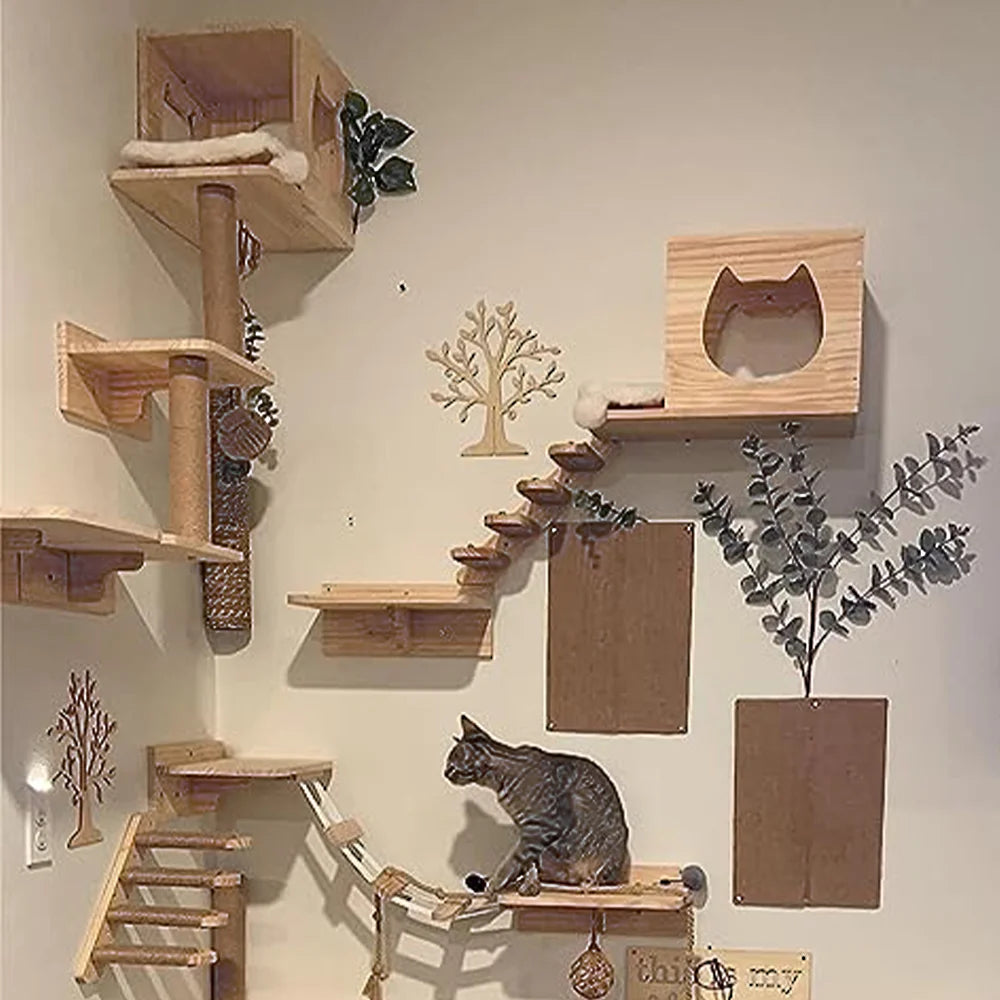 Wall-Mounted Cat Climbing Hammock & Scratching Post - Wooden Furniture Ladder for Cats to Sleep & Play