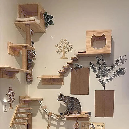 Wall-Mounted Cat Climbing Hammock & Scratching Post - Wooden Furniture Ladder for Cats to Sleep & Play