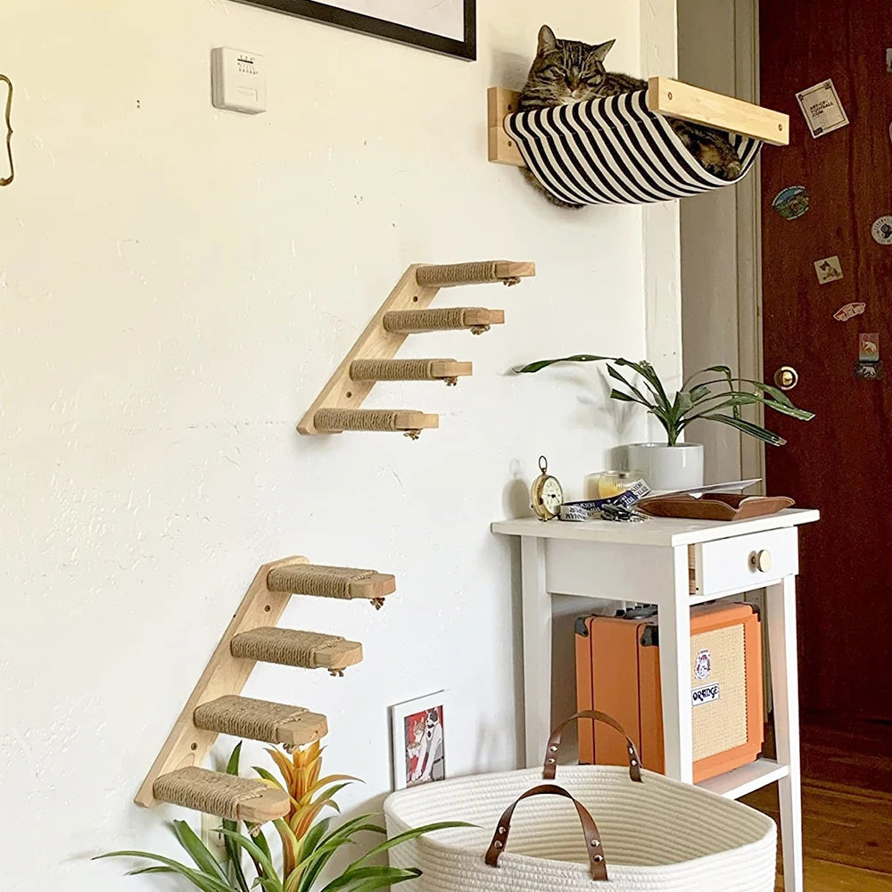 Wall Mounted Cat Climbing Shelf with Sisal Scratching Post - 4-Step Cat Tree Tower Platform