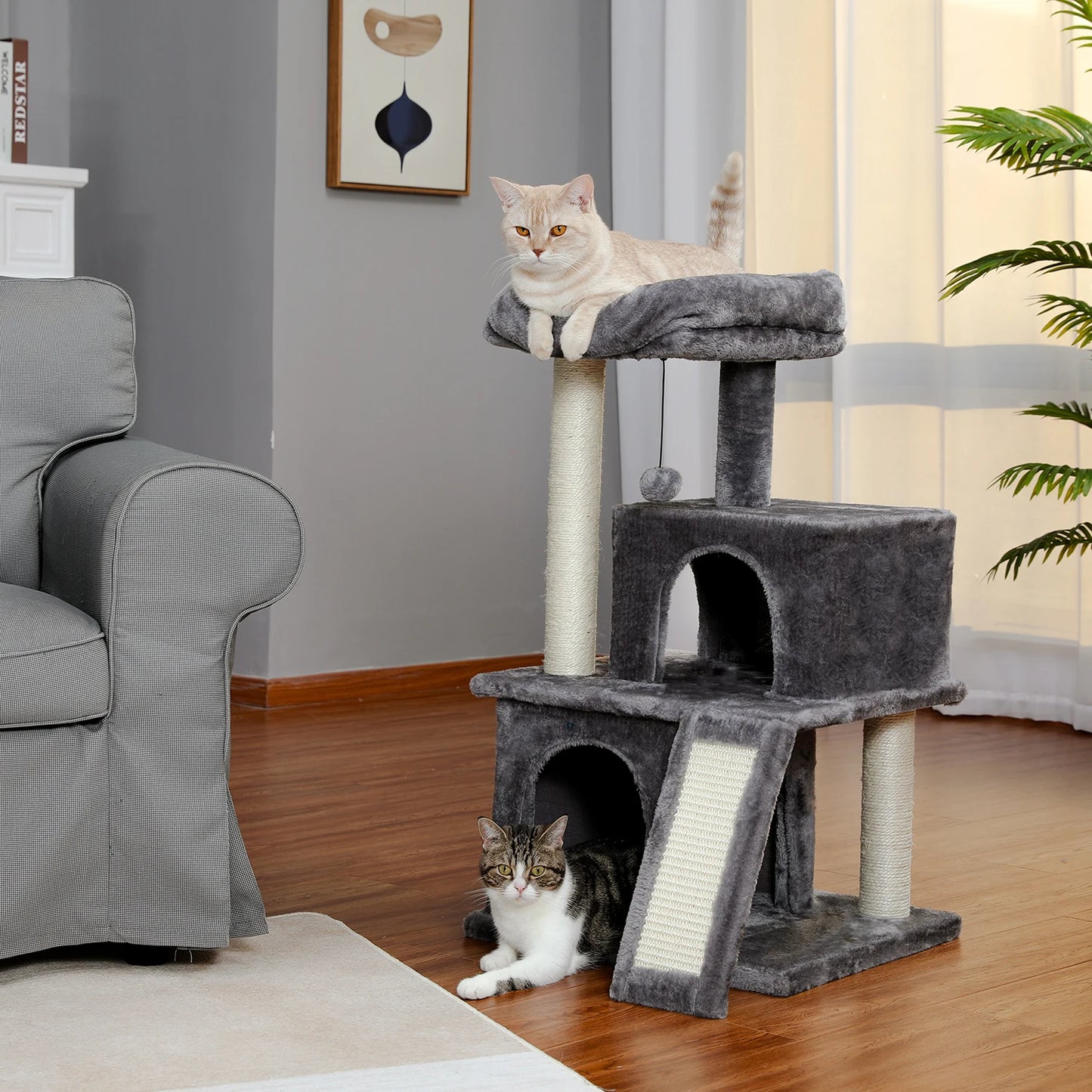 Luxury Cat Tree Tower with Double Condos, Spacious Perch, Hammock, Sisal Scratching Posts & Dangling Balls