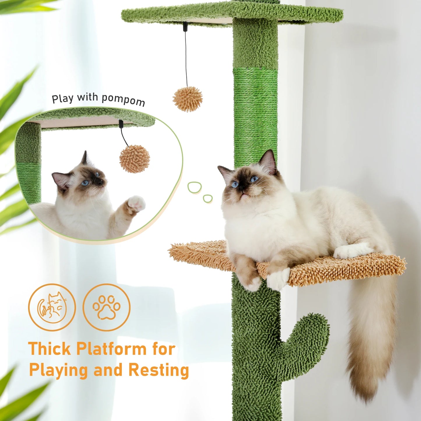 Pawz Road 5-Level Adjustable Cactus Cat Tree Tower with Natural Thicken Scratching Post and Hammock