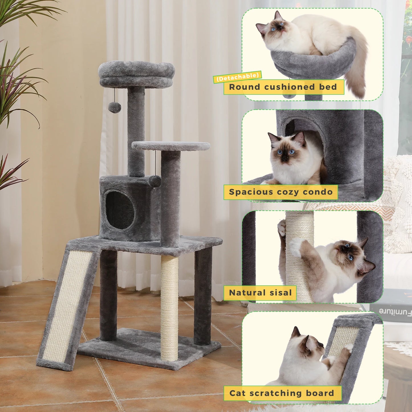 Luxury Multi-Layer Cat Tree House Condo with Ladder and Sisal Scratching Post for Climbing and Jumping