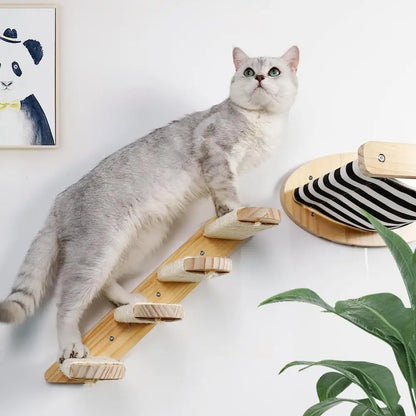 Wall-Mounted Cat Climbing Hammock & Scratching Post - Wooden Furniture Ladder for Cats to Sleep & Play