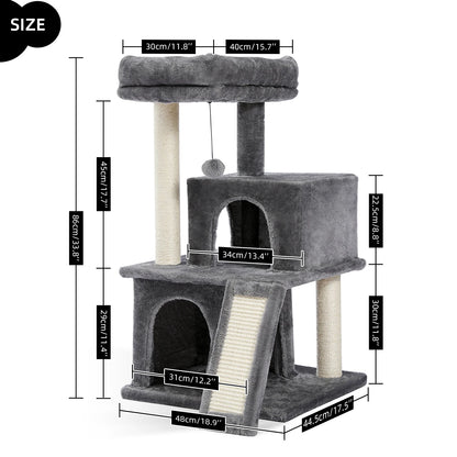 Luxury Cat Tree Tower with Double Condos, Spacious Perch, Hammock, Sisal Scratching Posts & Dangling Balls