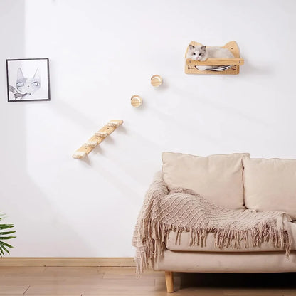 Wall-Mounted Cat Climbing Hammock & Scratching Post - Wooden Furniture Ladder for Cats to Sleep & Play