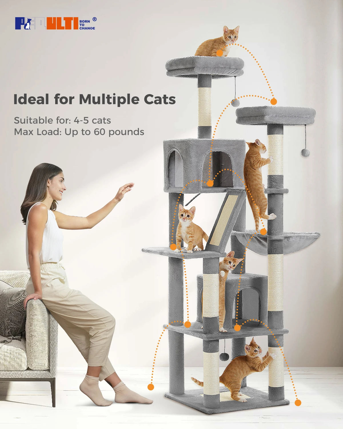 Tall Indoor Cat Tree Tower with Multi-Level Perches, Hammock & Sisal Scratching Posts - 180CM