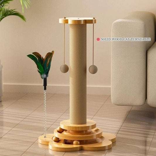 Durable Wooden Cat Scratching Post with Turntable & Teaser Ball - Fun & Interactive Cat Toy