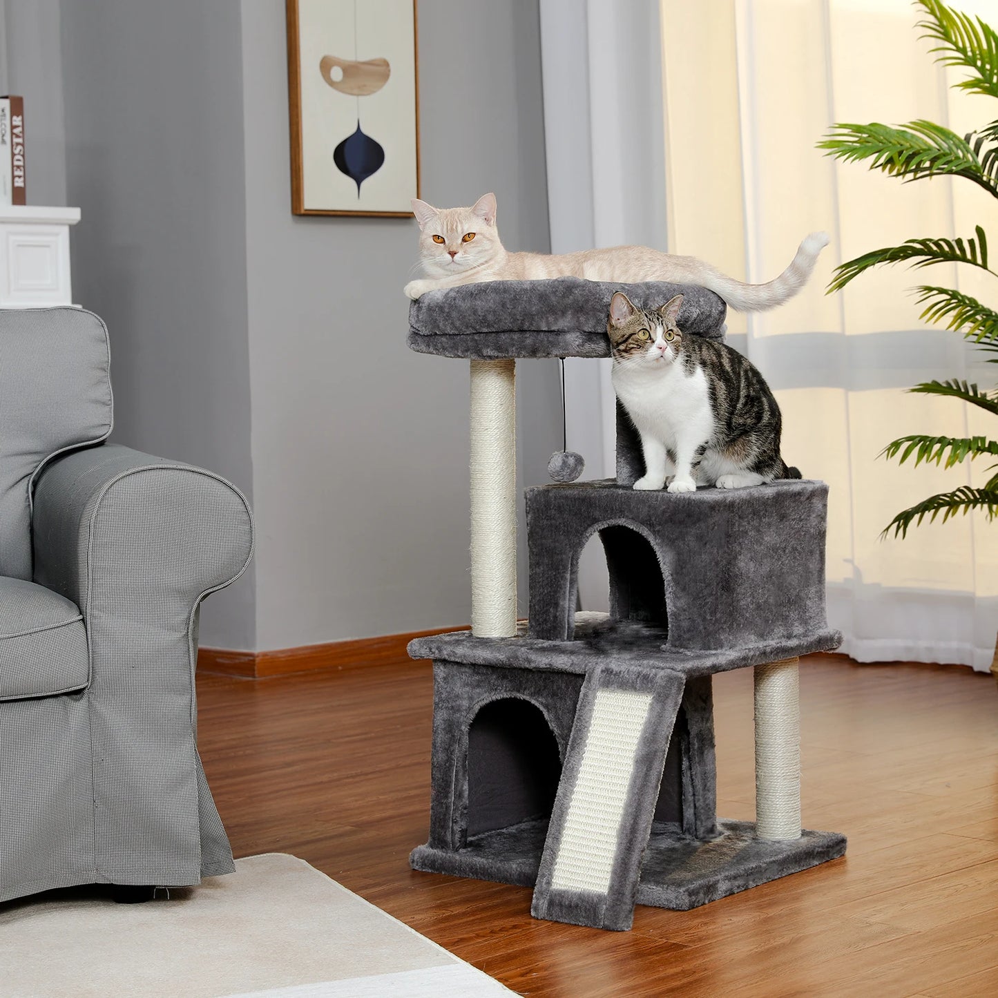 Luxury Cat Tree Tower with Double Condos, Spacious Perch, Hammock, Sisal Scratching Posts & Dangling Balls