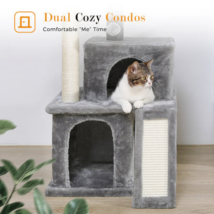 Luxury Cat Tree Tower with Double Condos, Spacious Perch, Hammock, Sisal Scratching Posts & Dangling Balls