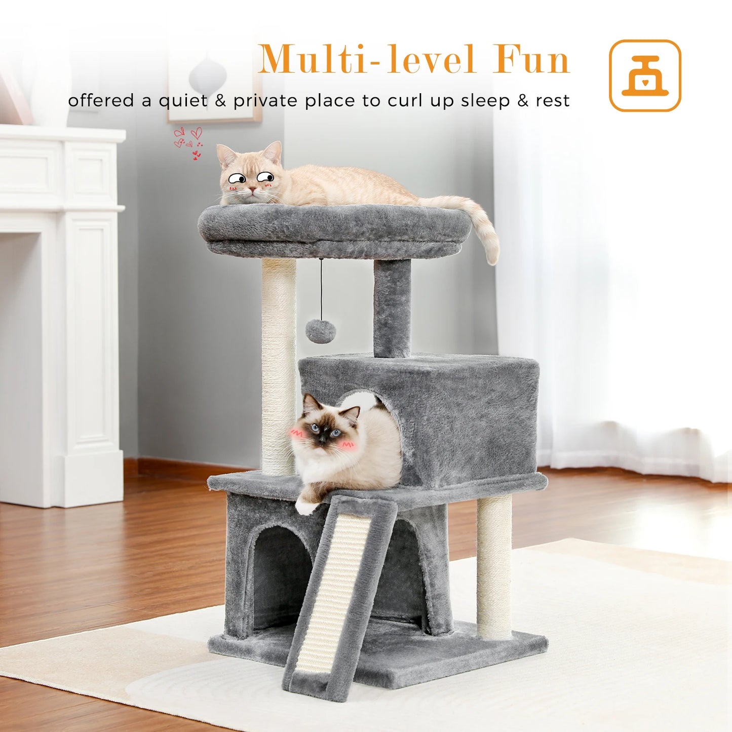 Luxury Cat Tree Tower with Double Condos, Spacious Perch, Hammock, Sisal Scratching Posts & Dangling Balls