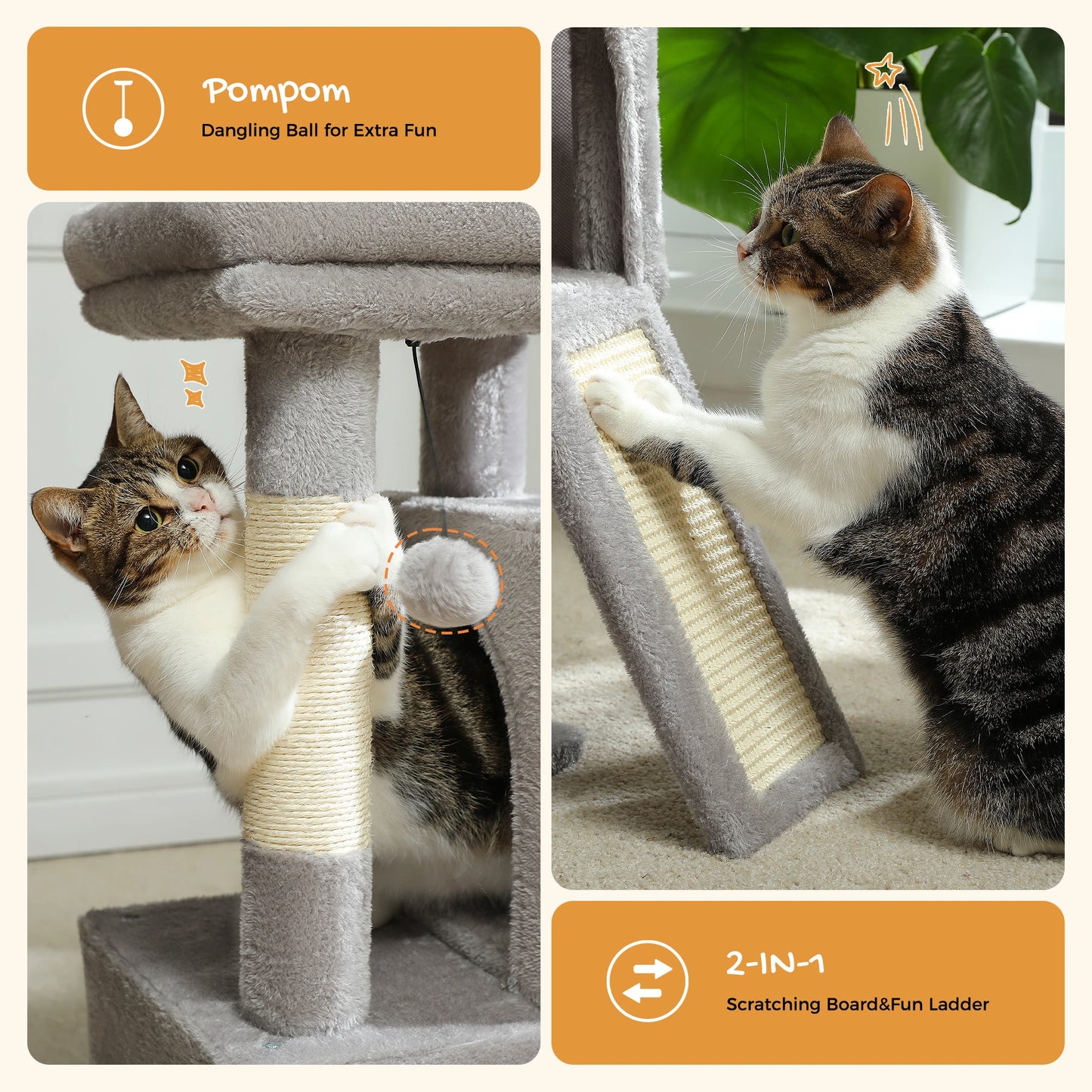 Luxury Cat Tree Tower with Double Condos, Spacious Perch, Hammock, Sisal Scratching Posts & Dangling Balls