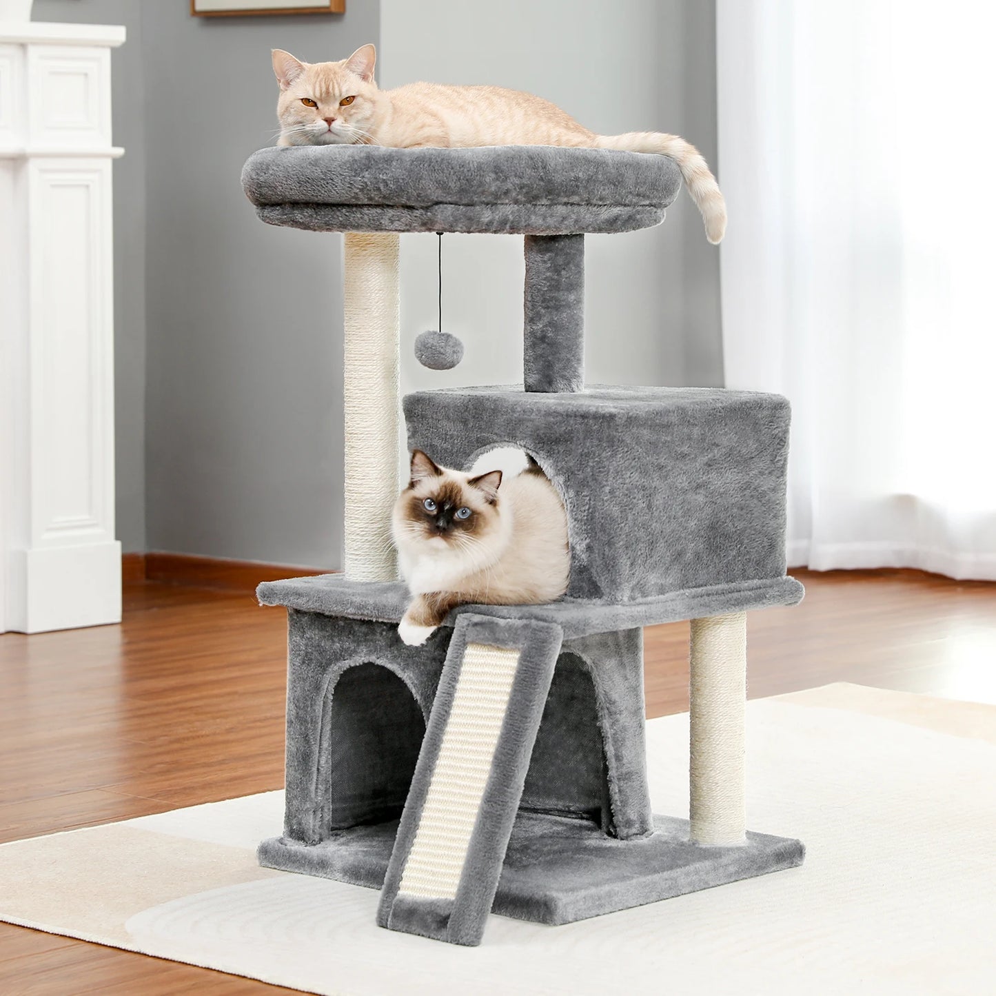 Luxury Cat Tree Tower with Double Condos, Spacious Perch, Hammock, Sisal Scratching Posts & Dangling Balls