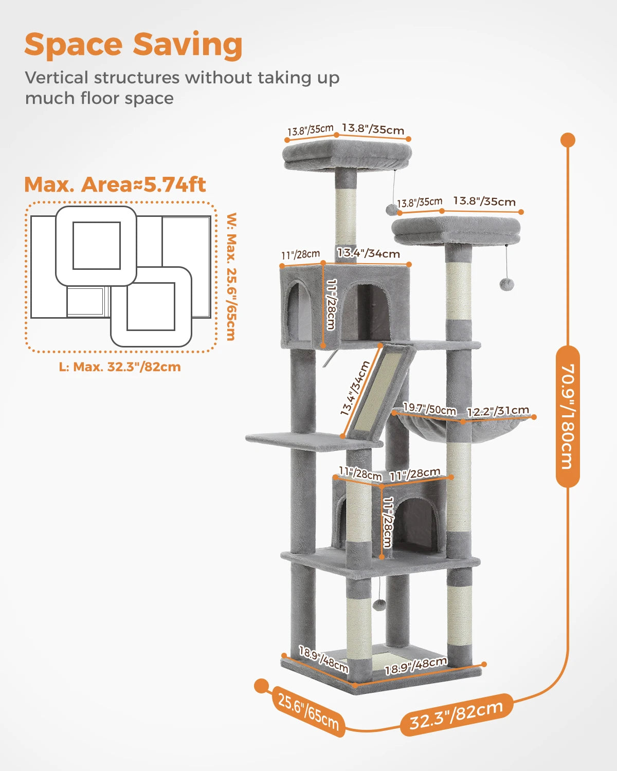 Tall Indoor Cat Tree Tower with Multi-Level Perches, Hammock & Sisal Scratching Posts - 180CM