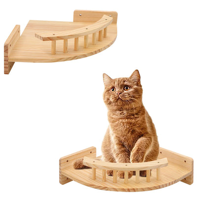 Wall Mounted Wooden Cat Shelves & Climbing Tree – Four Step Stair Kitten Furniture with Hammock