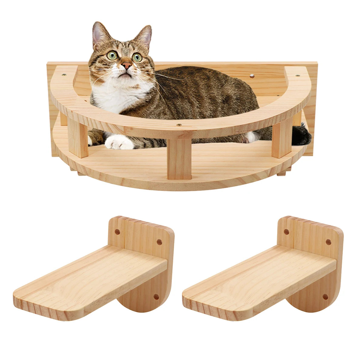 Wall Mounted Wooden Cat Shelves & Climbing Tree – Four Step Stair Kitten Furniture with Hammock